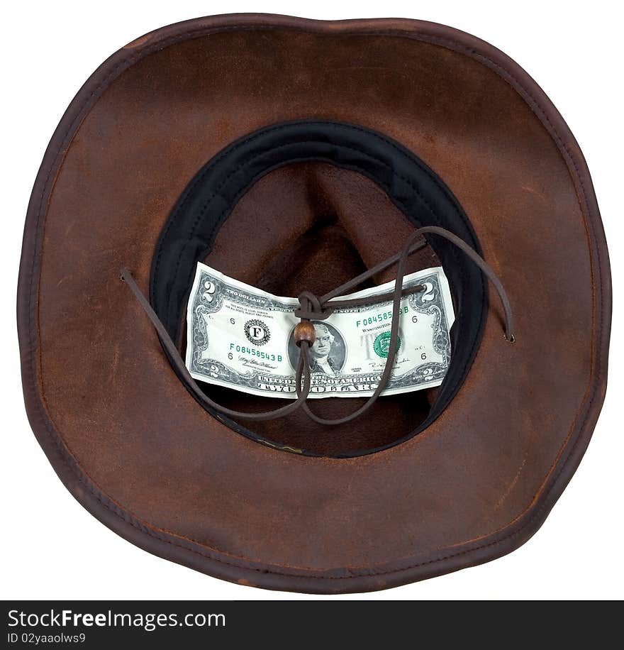 Cowboy hat with lucky bill isolated on white