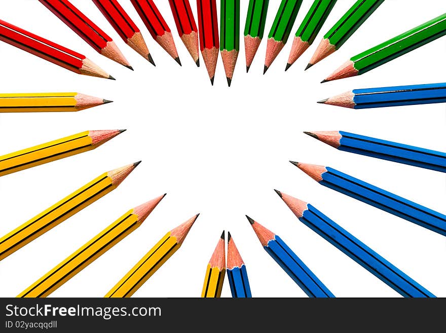 Pencils Red Yellow Blue and Green on White Background. Pencils Red Yellow Blue and Green on White Background