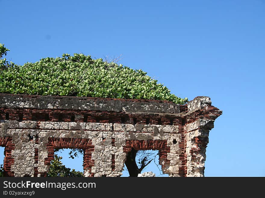 Section of a lighthouse ruin wall with tree against a blue sky near the town of Aguadilla, Puerto Rico. Section of a lighthouse ruin wall with tree against a blue sky near the town of Aguadilla, Puerto Rico.