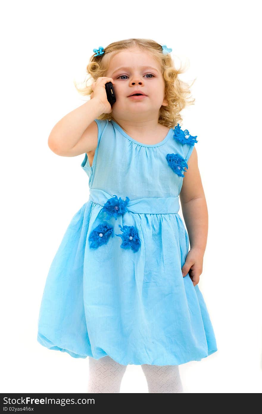 Child with phone isolated n white