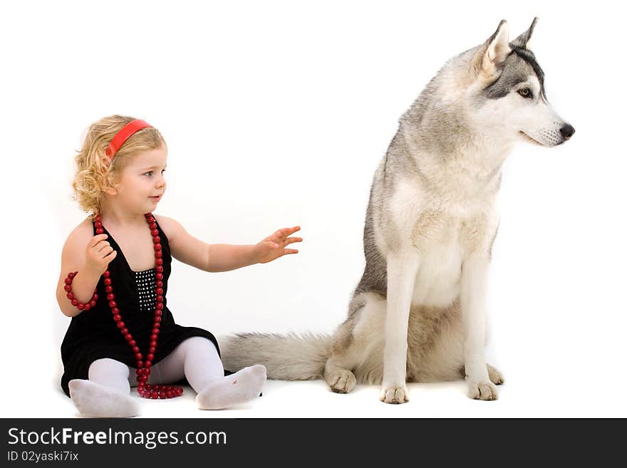 Child playing with dog isolated