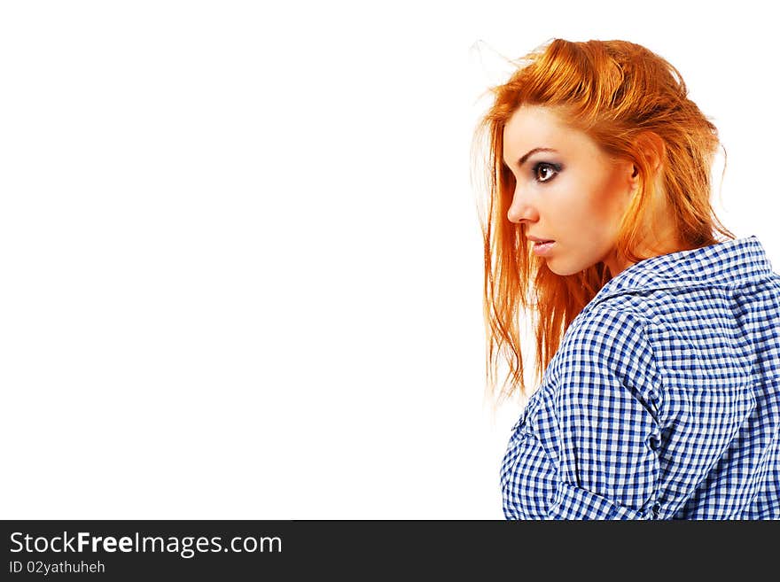 Picture of a beautiful young girl in shirt on white background