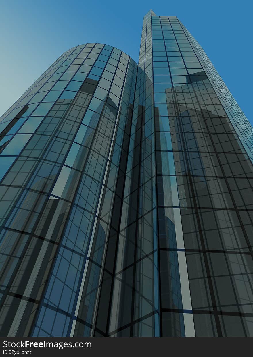 Skyscraper with tinted windows on the background of a cloudless sky. Skyscraper with tinted windows on the background of a cloudless sky