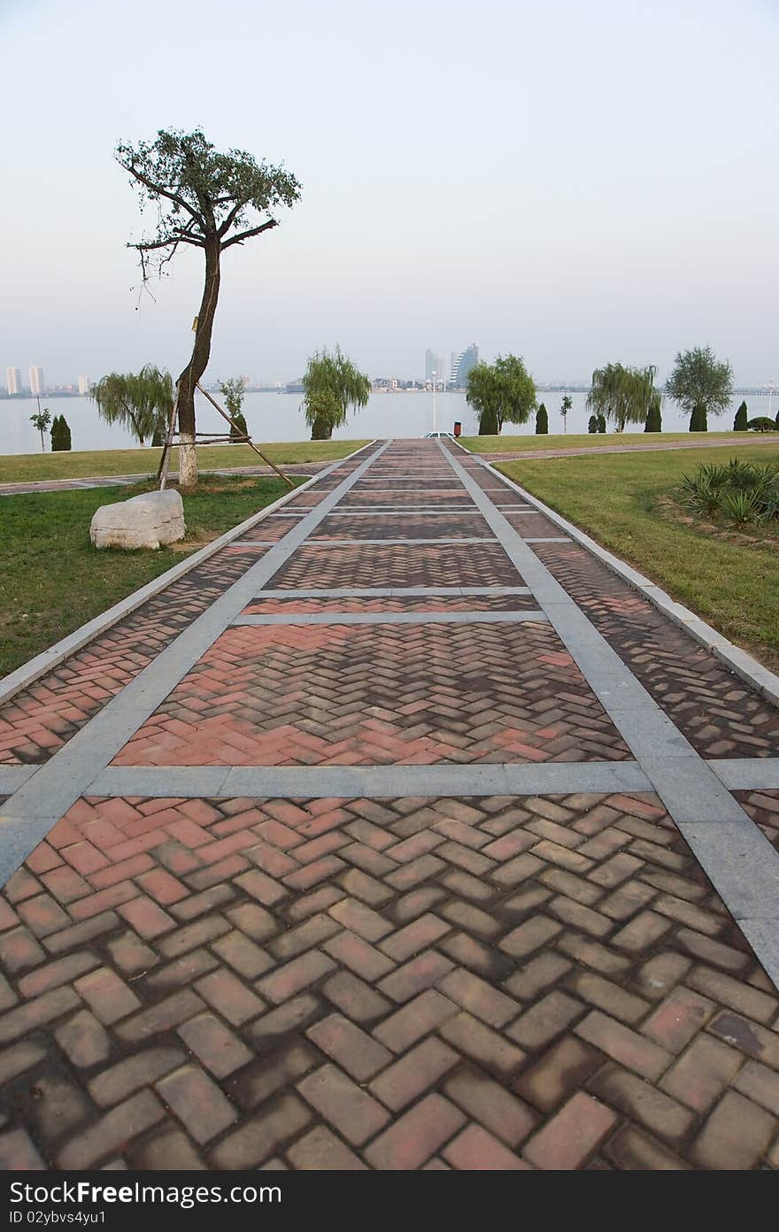 Red stone path at the park of modern china