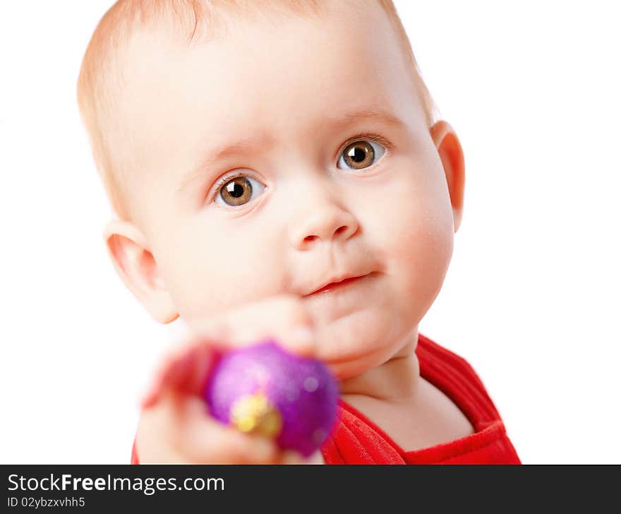 Little girl in red dress on white background