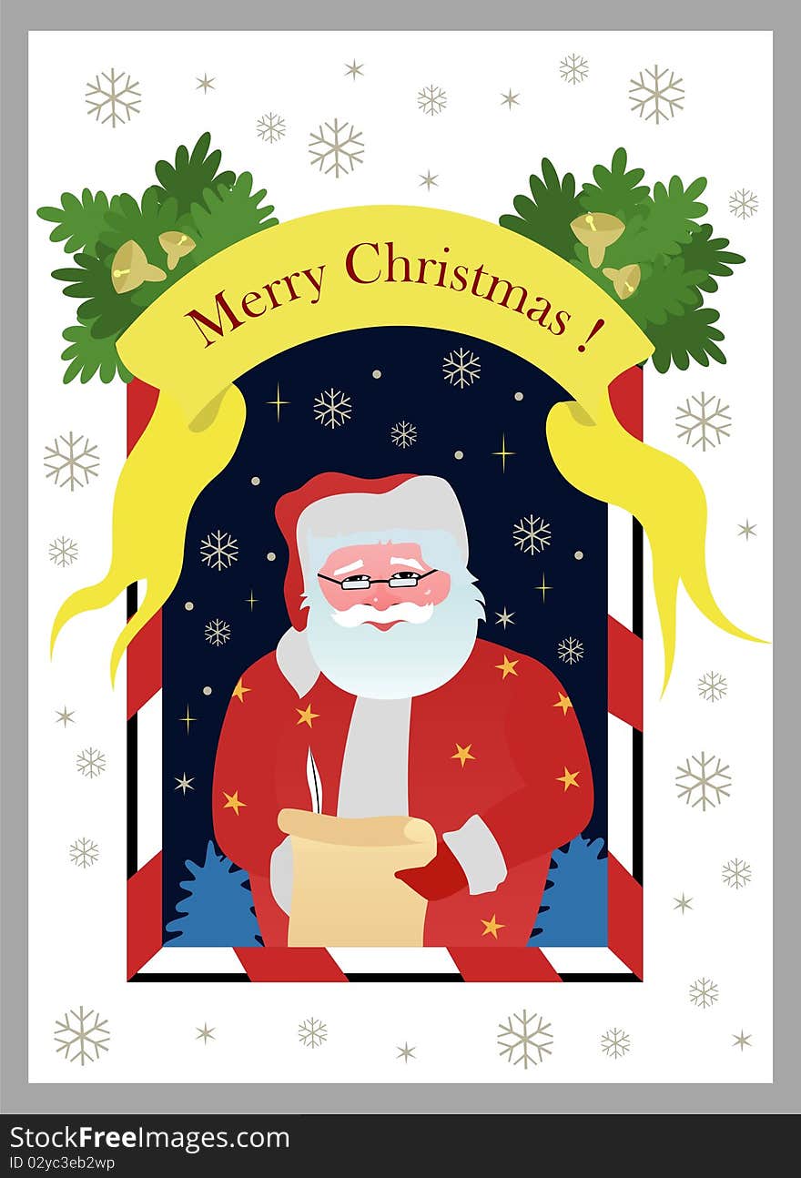 Beautiful Christmas card with Santa Claus, snow and wishes Merry Christmas