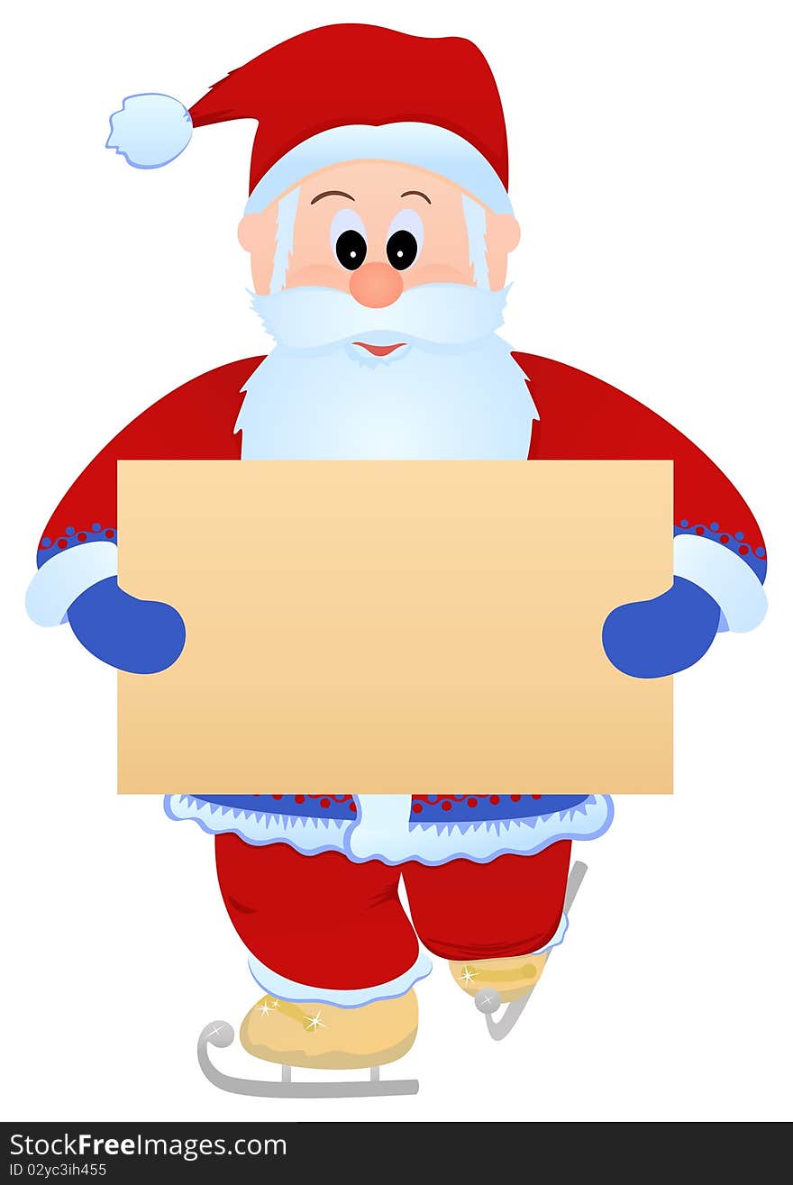 Merry Santa Claus stand on skate and hold in hands blank sheet for Your text. Merry Santa Claus stand on skate and hold in hands blank sheet for Your text