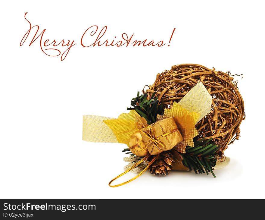 Golden Christmas Ball Made Of Willow On The White