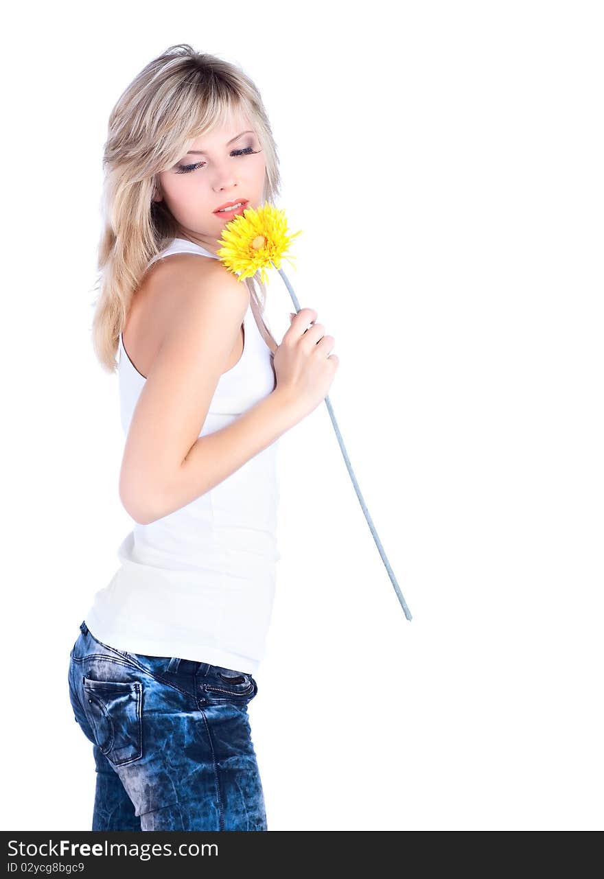 Young girl over white background with flower. Young girl over white background with flower