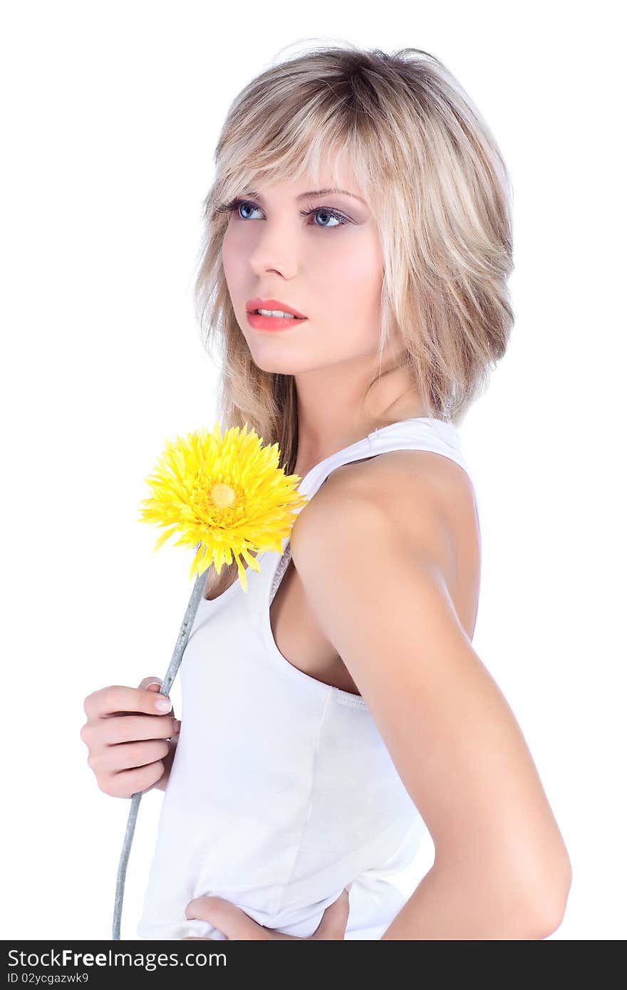 Young girl over white background with flower. Young girl over white background with flower