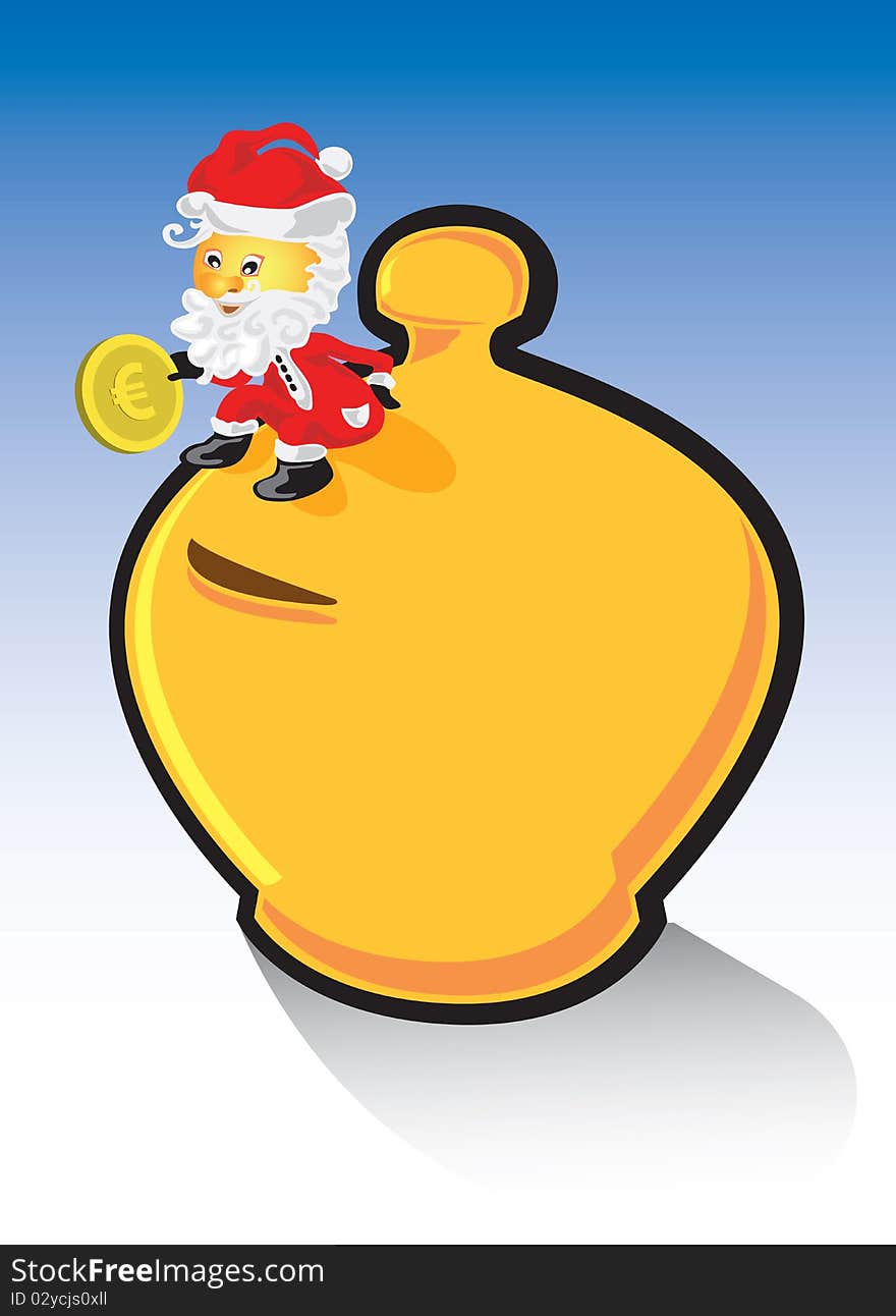 A little Santa Claus is sitting on a money box and put a penny in. A little Santa Claus is sitting on a money box and put a penny in