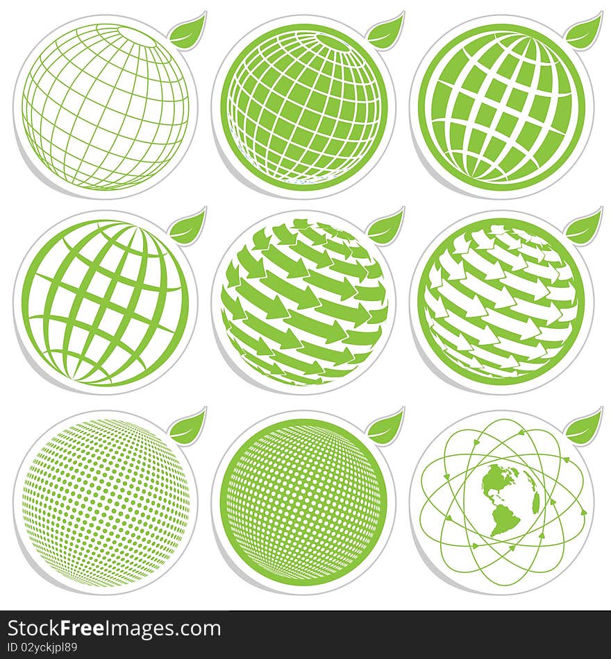 Illustration, nine green symbols of the planet on white background. Illustration, nine green symbols of the planet on white background