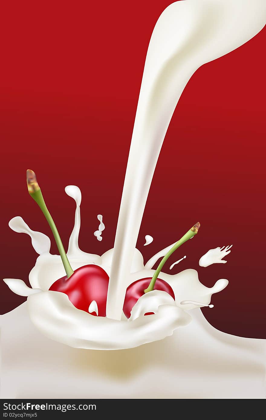 Illustration of cherries in the splash of milk. Illustration of cherries in the splash of milk