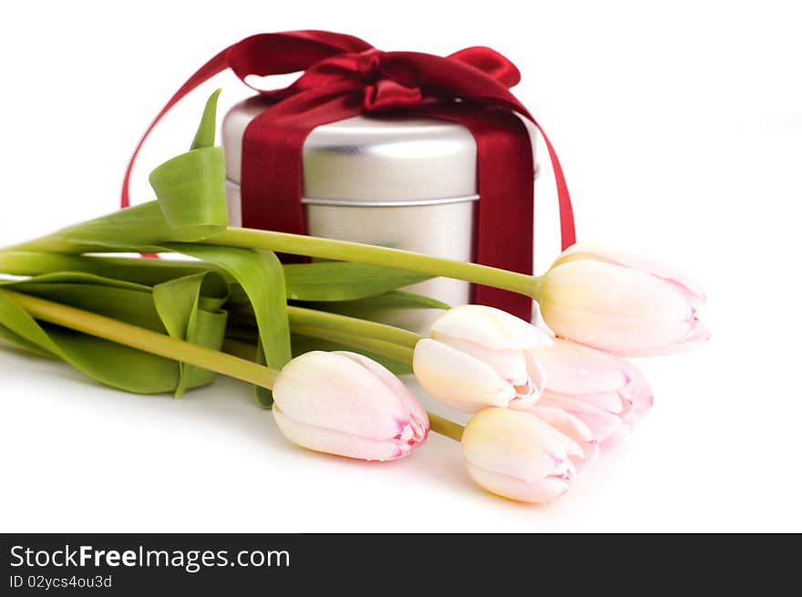 Box of gift and pink tulips. Box of gift and pink tulips