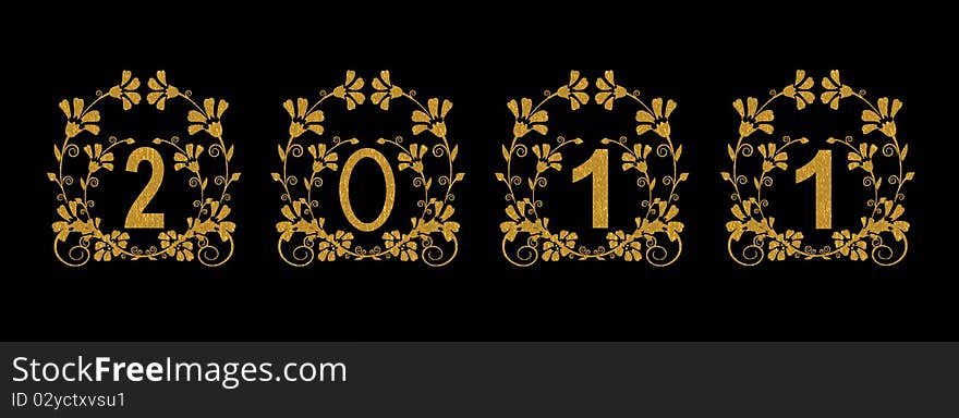 A black background with gold texture 2011 and floral decorative patterns. A black background with gold texture 2011 and floral decorative patterns