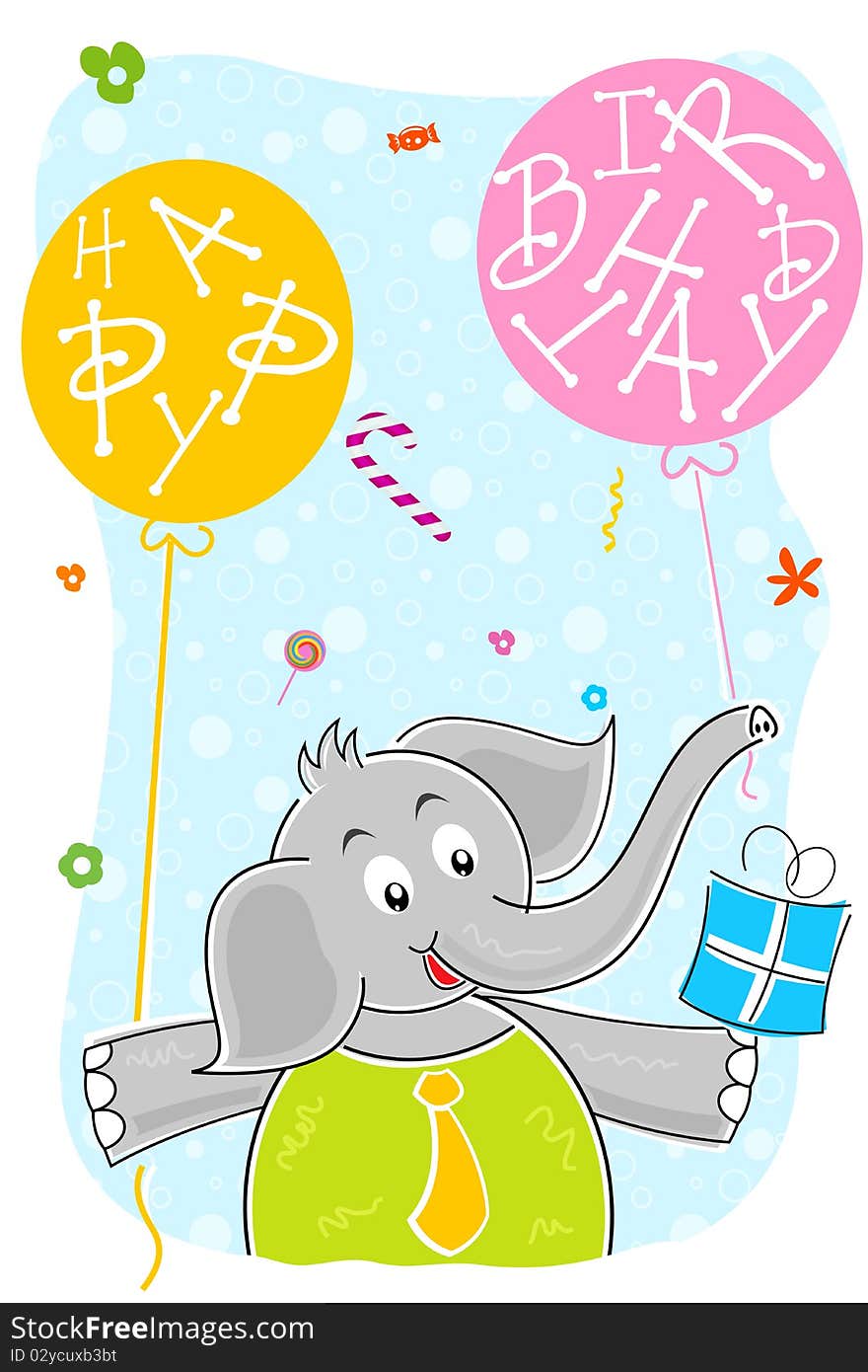 Elephant with birthday balloon and gift