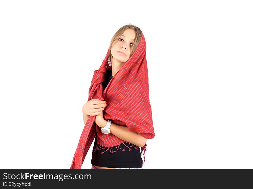 Girl in warm head scarf posing in studio