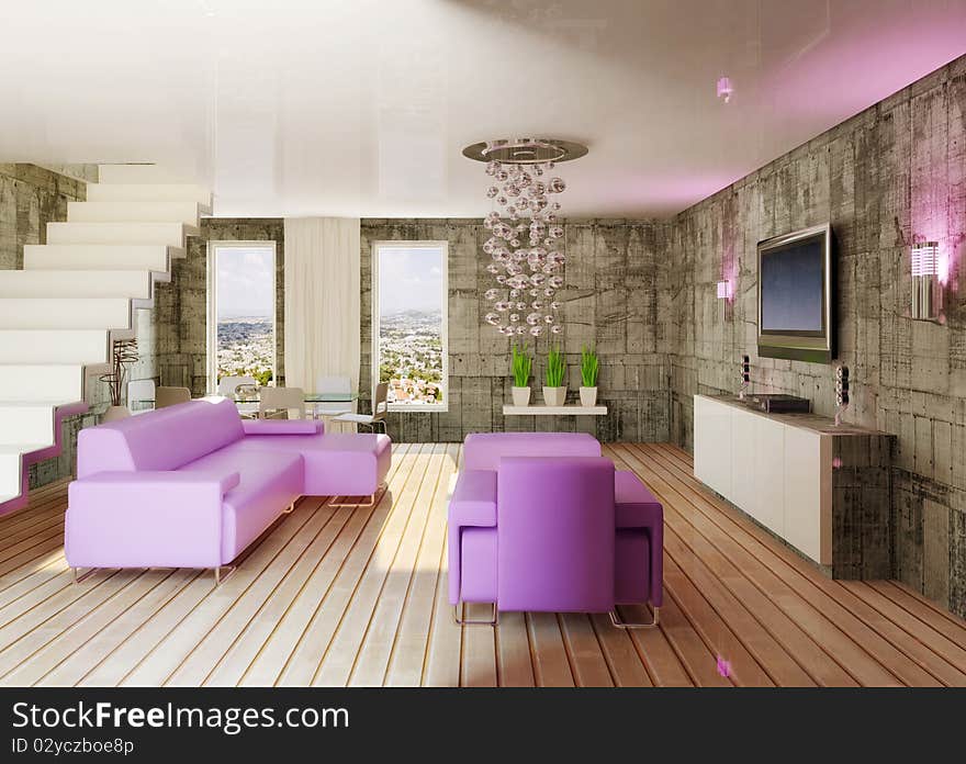 Modern interior room in violet color