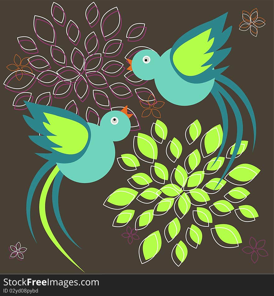 Two birds flying above flowers