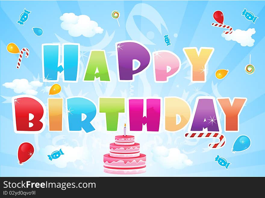 Illustration of happy birthday text and birthday elements