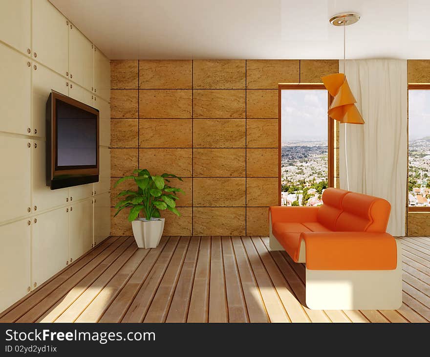 Interior room with orange furniture