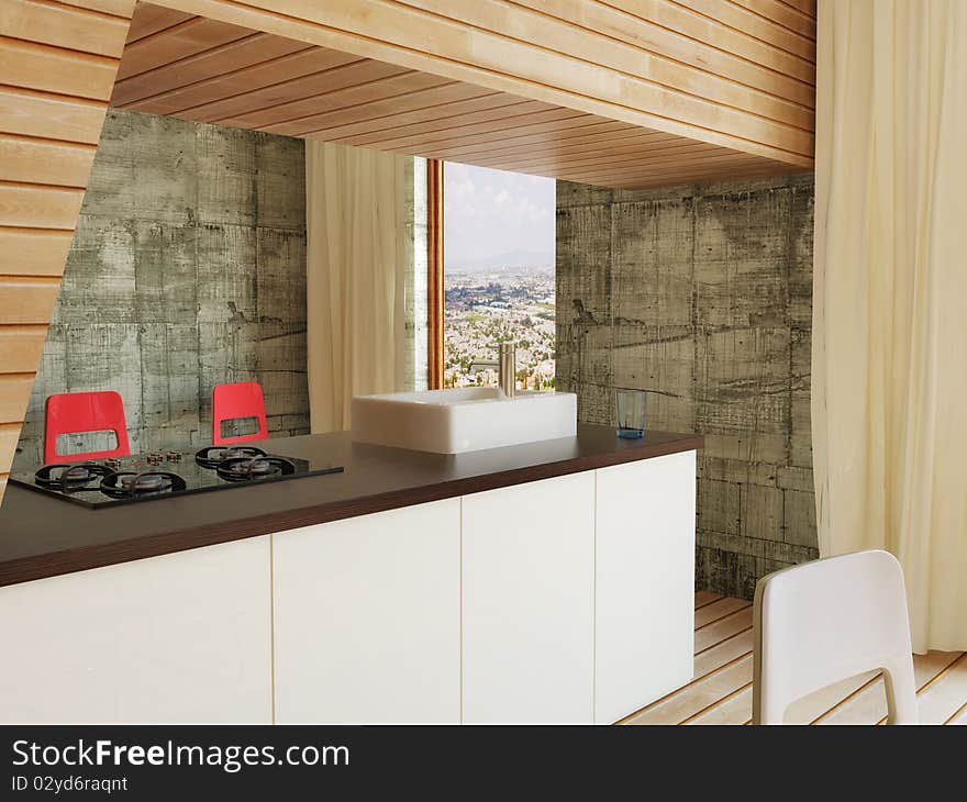 Modern kitchen with concrete wall