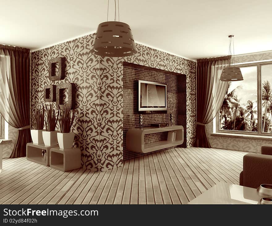 Modern interior room with pattern on the wall and yellow furniture