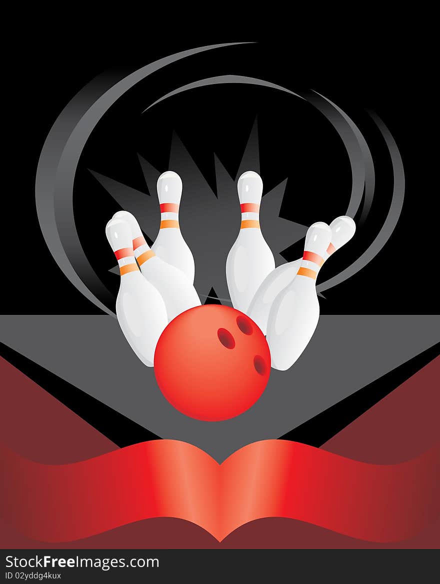 Bowling pins and red ball. Illustration