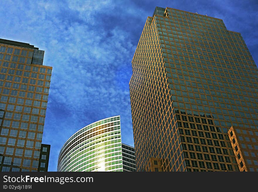 Skyscrapers building in down town Manhattan in a blue sunny sky