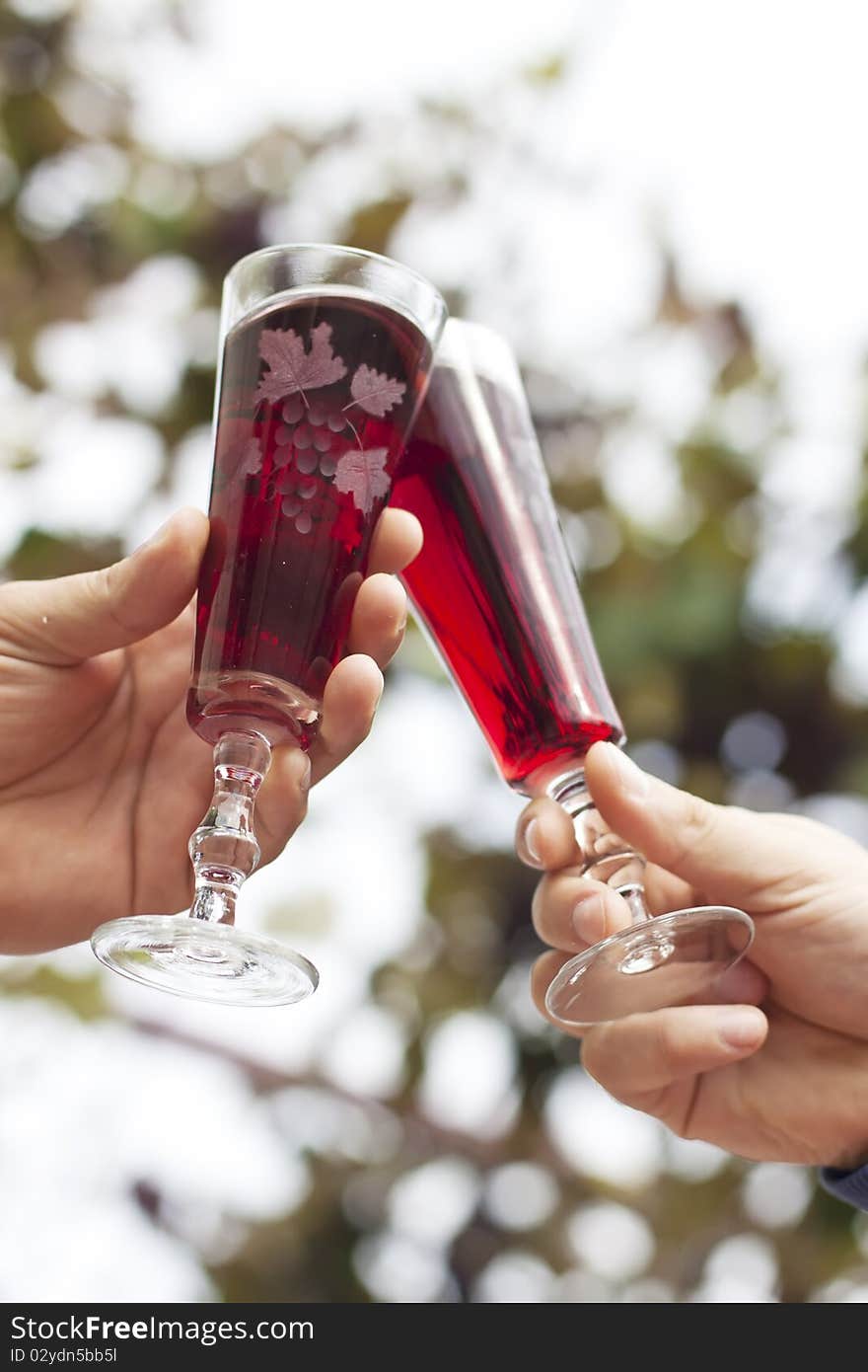 Two wine glasses in toasting gesture