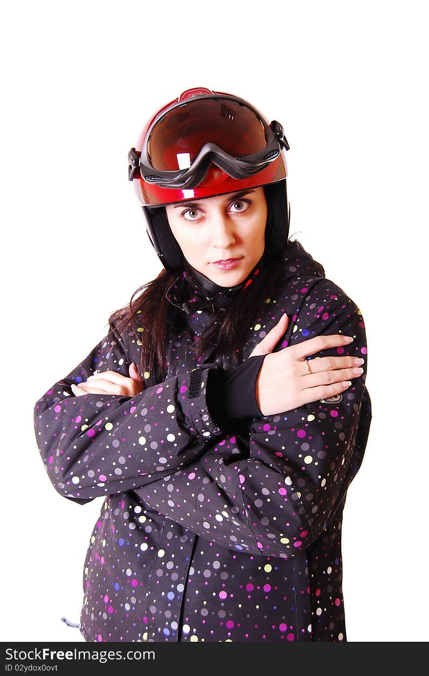 Woman in red motorcycle helmet.