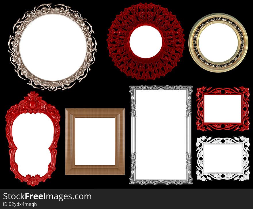 Decorative vintage and gold empty wall picture frames insert your own design, isolated, set, render/illustration. Decorative vintage and gold empty wall picture frames insert your own design, isolated, set, render/illustration