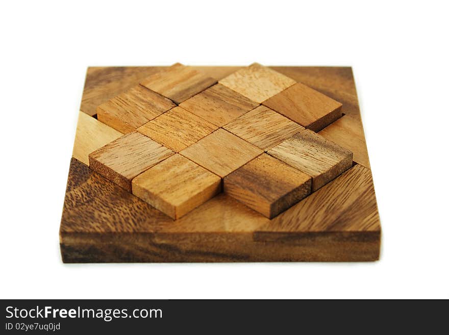 Wooden square figures assemble in puzzle isolated