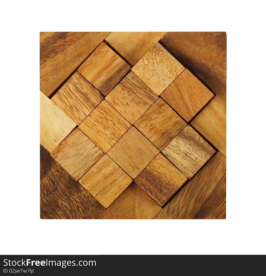 Wooden square figures assemble in puzzle isolated