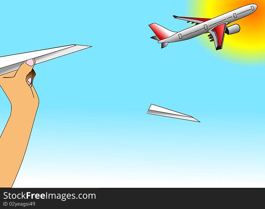 Illustration vector of hand that trows paper airplane and true airbus or aircraft that take off against a beautiful sun. Illustration vector of hand that trows paper airplane and true airbus or aircraft that take off against a beautiful sun