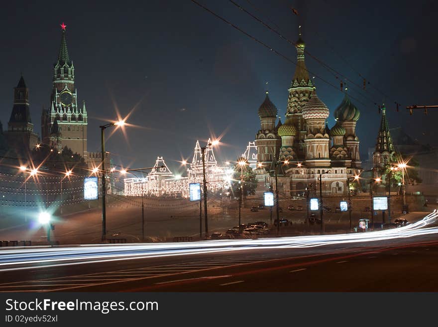 Russian Moscow Kremlin, red square Kremlin’s wall , Spasskaya Tower, St. Basil Cathedral, Gum, Night road. Russian Moscow Kremlin, red square Kremlin’s wall , Spasskaya Tower, St. Basil Cathedral, Gum, Night road