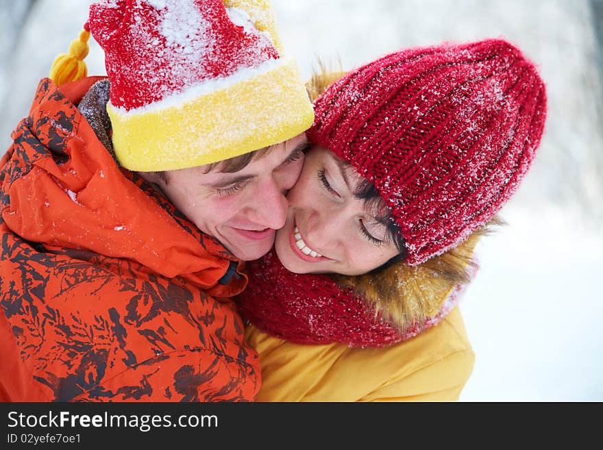 Young pair have funny time in the winter. Young pair have funny time in the winter