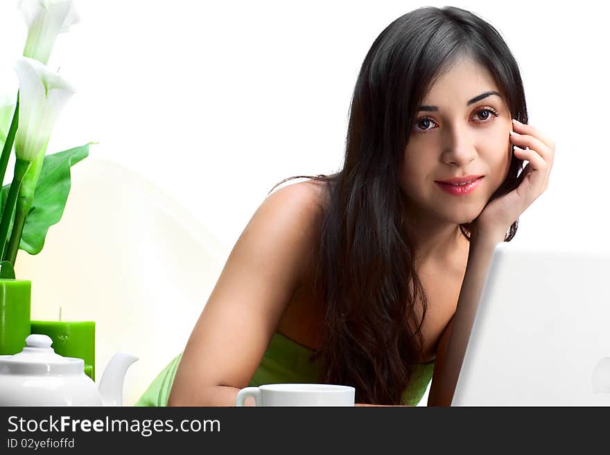 Beautiful woman  in cafe over white background