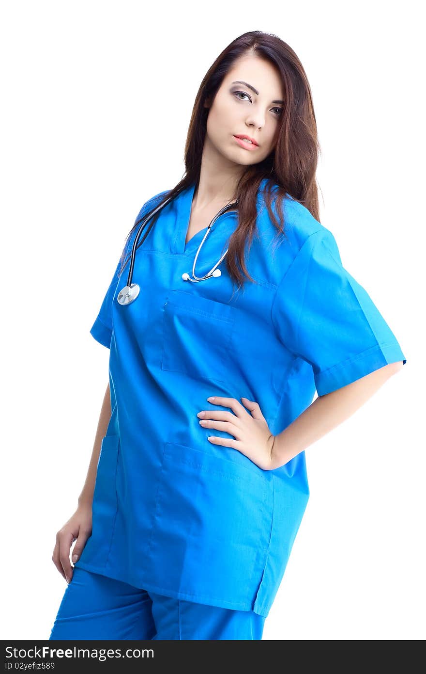 Woman doctor in uniform on white background