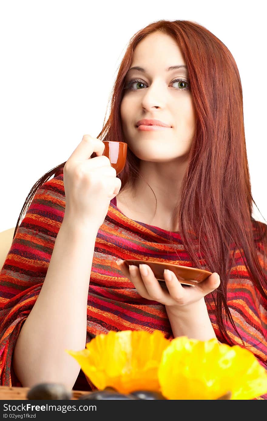 Beautiful woman  in cafe over white background with fair hair