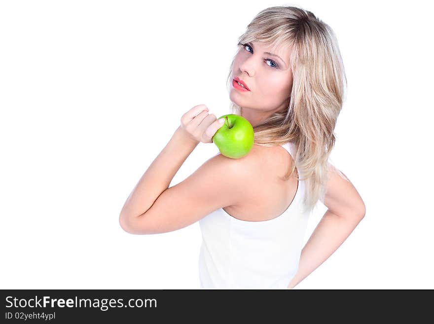 Young girl over white background with apple. Young girl over white background with apple