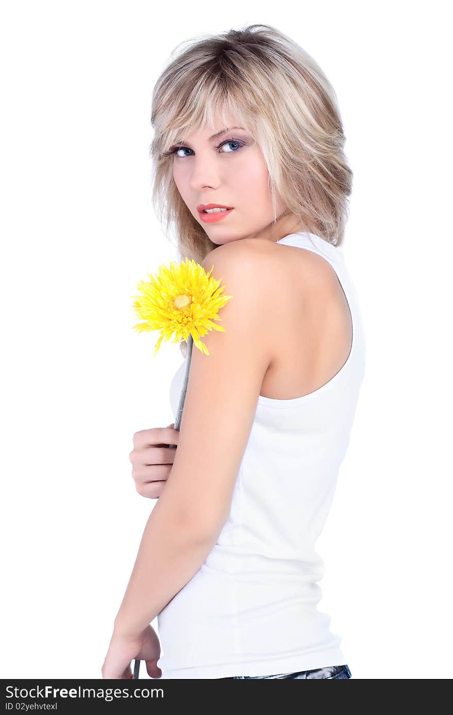 Young girl over white background with flower. Young girl over white background with flower