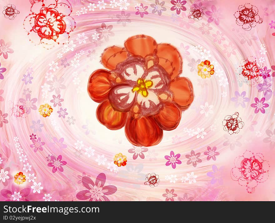 A background is orange with red flowers. A background is orange with red flowers