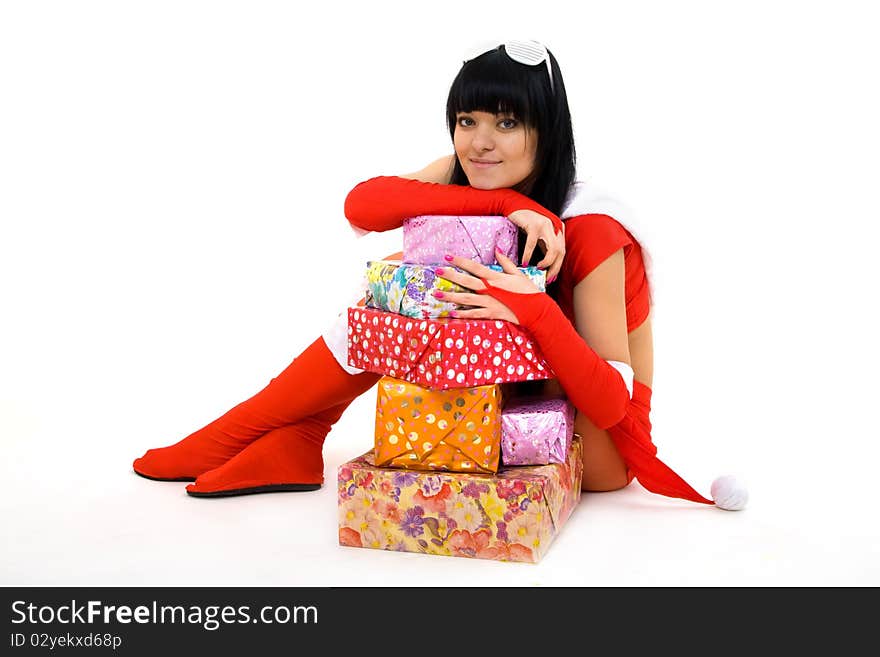 Portrait of girl in christmas costume isolated on white