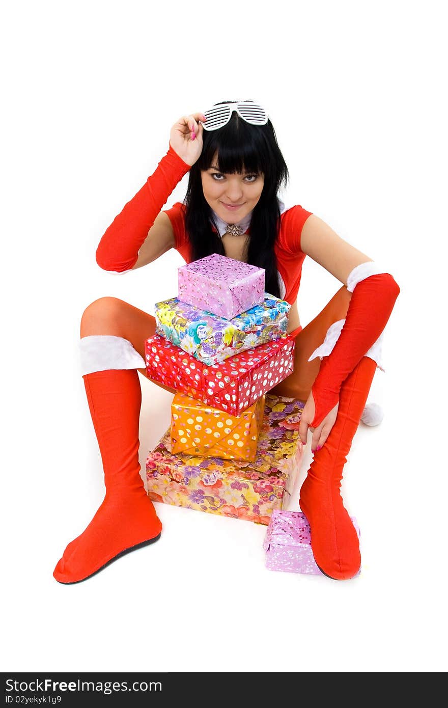 Girl with christmas presents isolated. Girl with christmas presents isolated