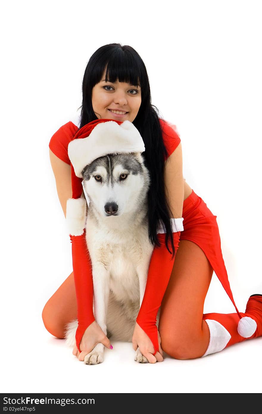 Portrait of girl in christmas costume isolated on white