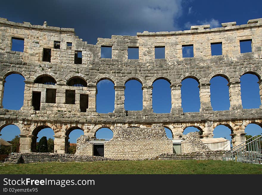 Roman Amphitheater, view of the Arena (colosseum) in Pula, Croatia