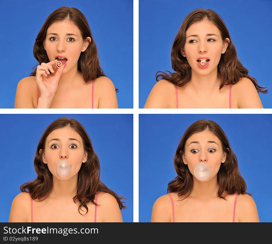 Beautiful woman chewing bubble gum isolated over blue