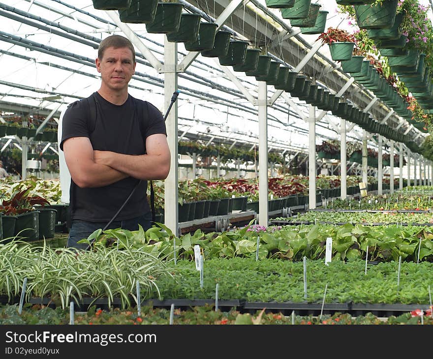 Man with confident look on his face stands in a green house. Man with confident look on his face stands in a green house