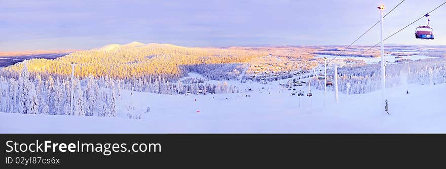 Panorama downhill. Ski-lift, Ruka, Finland